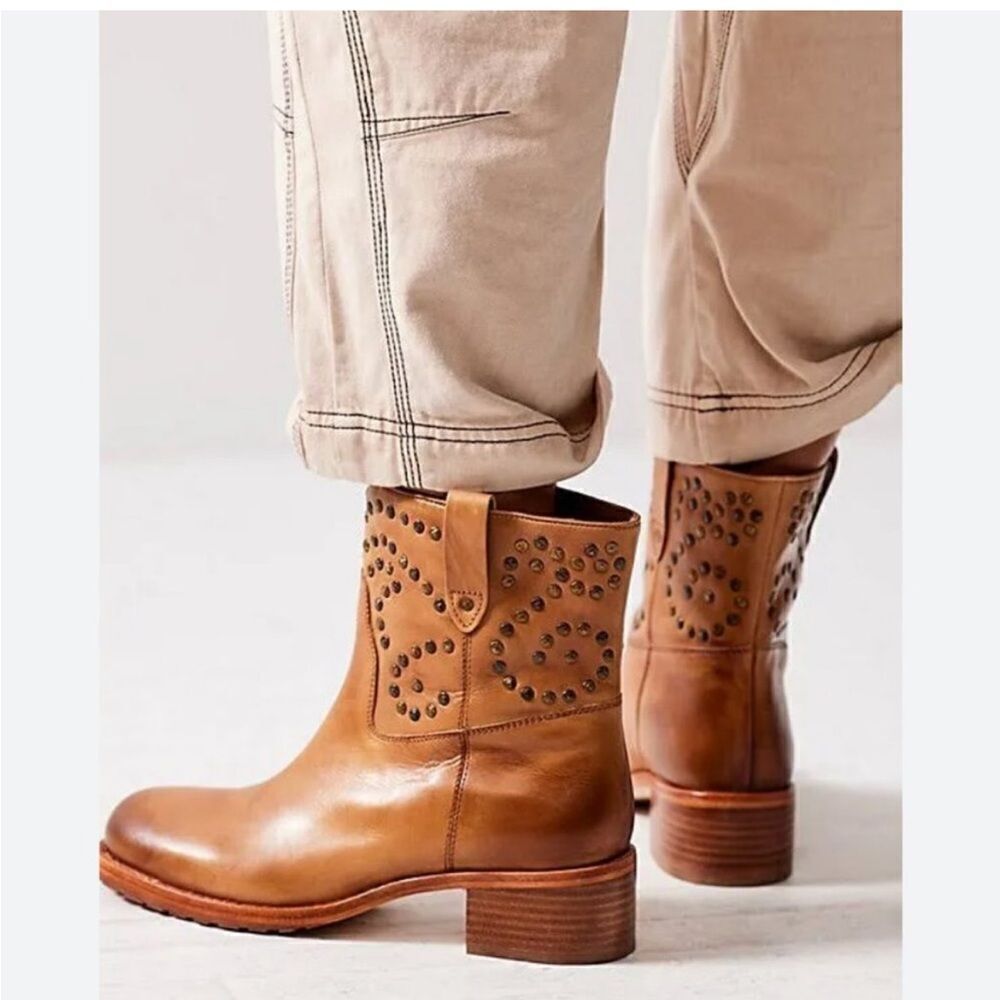 We The Free Cognac Leather Studded Ankle Boots